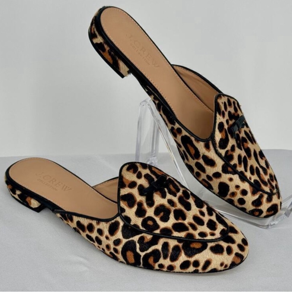J. Crew Collection Piped Leopard Loafer Mules Size 5.5